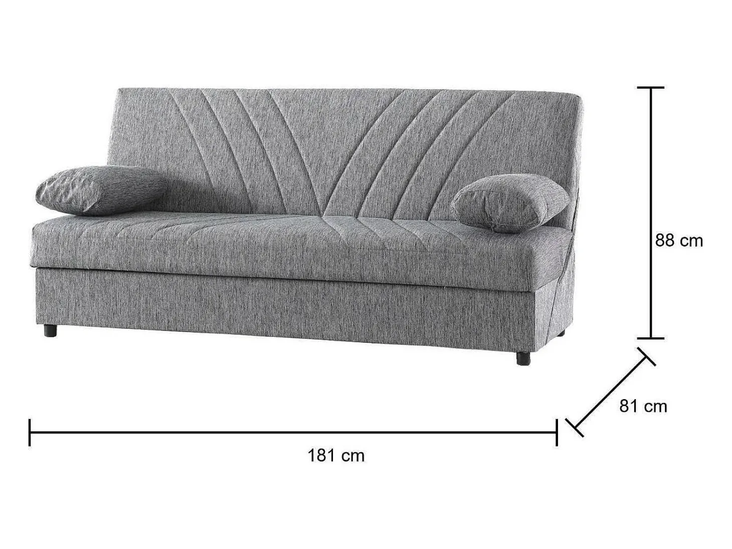 Sofá-cama Dmalama, ofá-cama de 3 lugare com arrumação com 2 almofada incluída, Sofá da ala em tecido acolchoado com abertura click-clack, 181x81h88 cm, Cinzento