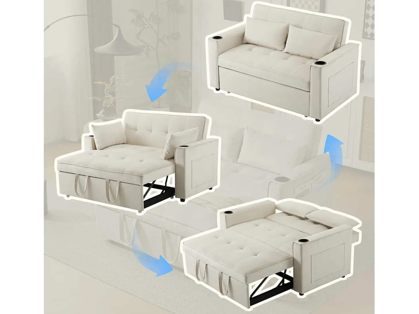Sofá-cama dobrável ajustável multiângulo - 2 lugares - Tecido de veludo - com suporte para copos e almofadas - Bege