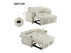 Sofá-cama dobrável ajustável multiângulo - 2 lugares - Tecido de veludo - com suporte para copos e almofadas - Bege