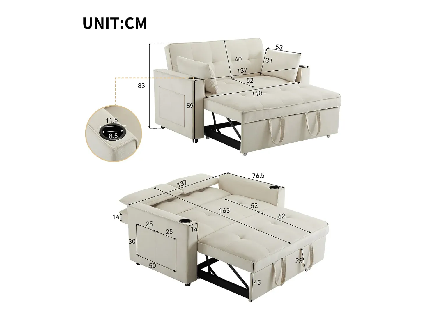Sofá-cama dobrável ajustável multiângulo - 2 lugares - Tecido de veludo - com suporte para copos e almofadas - Bege