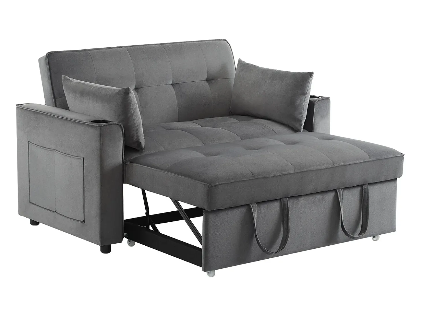 Sofá-cama dobrável ajustável multiângulo - 2 lugares - Tecido de veludo - com suporte para copos e almofadas - cinzento