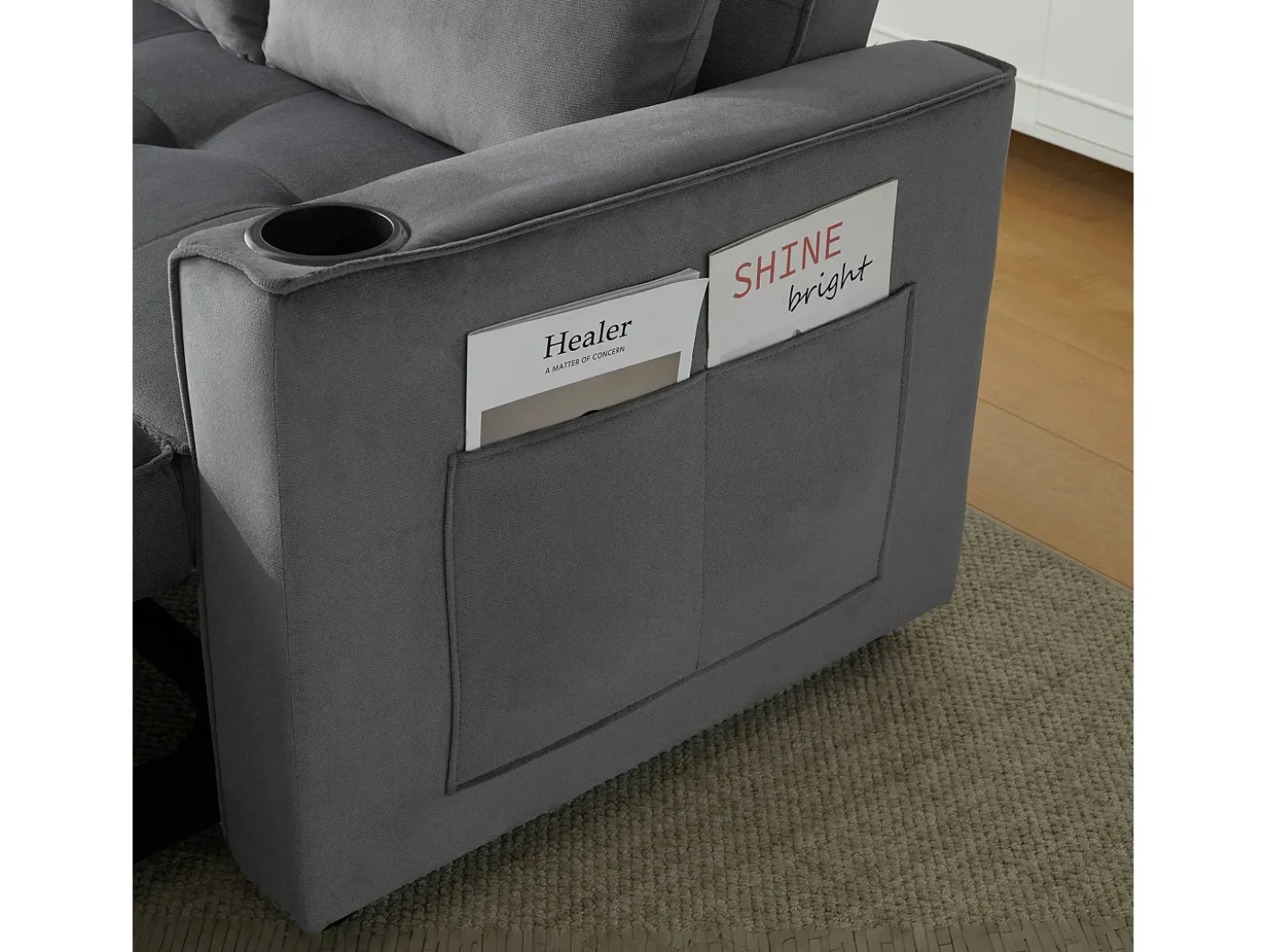 Sofá-cama dobrável ajustável multiângulo - 2 lugares - Tecido de veludo - com suporte para copos e almofadas - cinzento