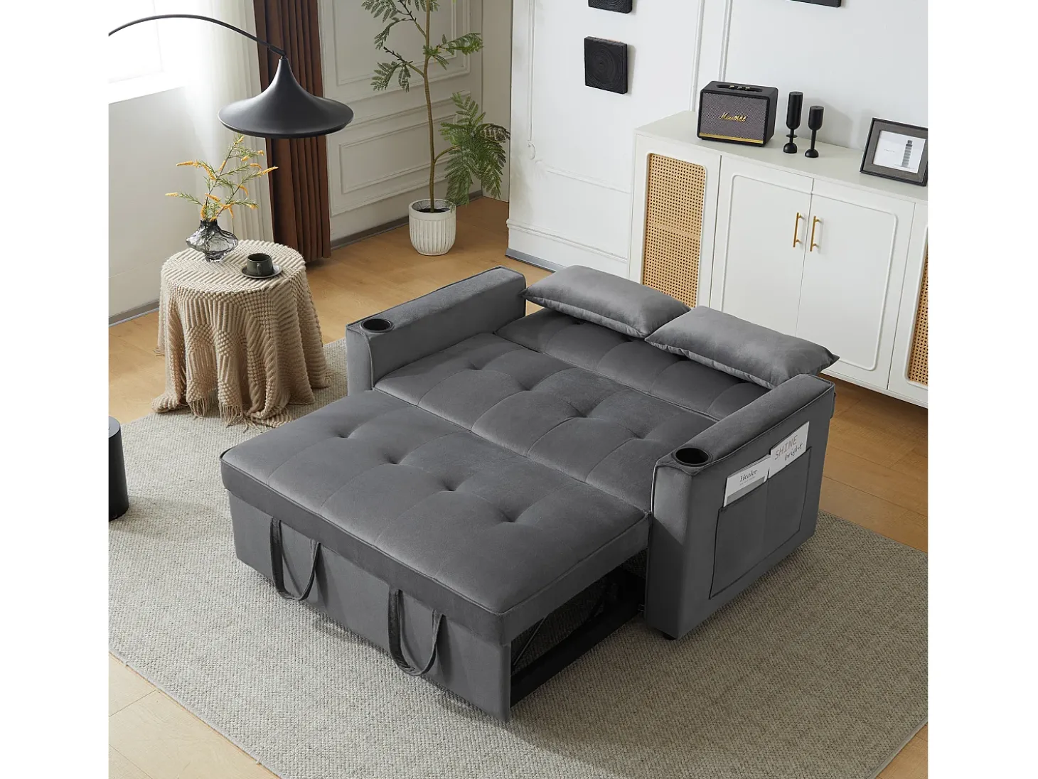 Sofá-cama dobrável ajustável multiângulo - 2 lugares - Tecido de veludo - com suporte para copos e almofadas - cinzento