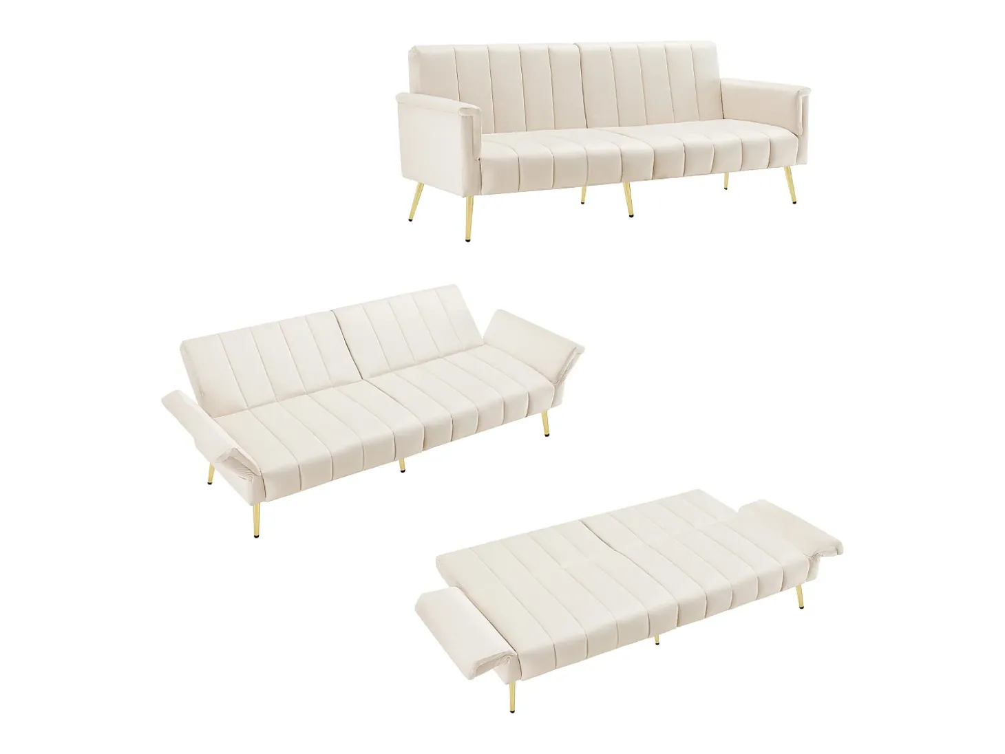 Sofá-cama dobrável em tecido de veludo com pé auxiliar, sofá-cama com função de dormir, bege