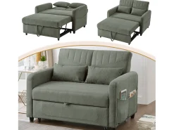 Sofá-cama dobrável extensível de 2 lugares - 114 x 77 x 82,5 cm - encosto ajustável - tecido de algodão e linho - verde