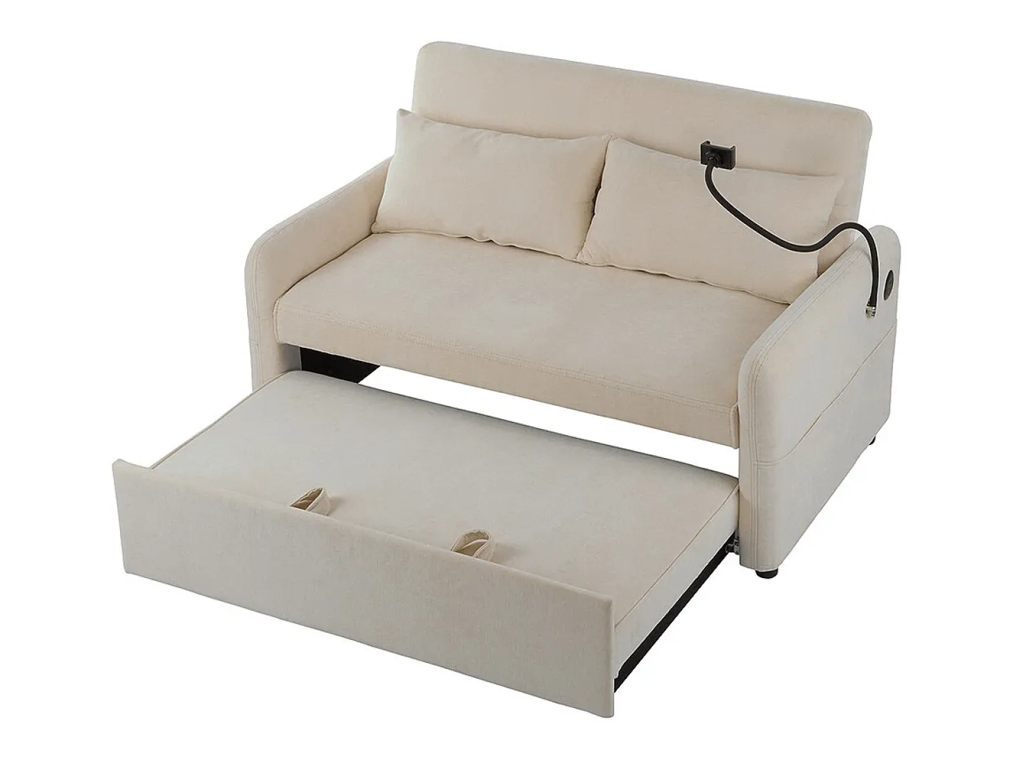 Sofá-cama dobrável moderno com dois lugares, encosto ajustável, suporte para telemóvel, porta de carregamento USB,Bege