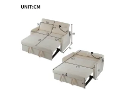 Sofá-cama dobrável moderno com dois lugares, encosto ajustável, suporte para telemóvel, porta de carregamento USB,Bege