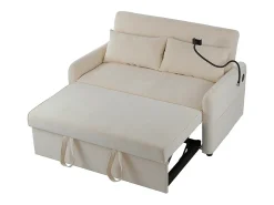 Sofá-cama dobrável moderno com dois lugares, encosto ajustável, suporte para telemóvel, porta de carregamento USB,Bege