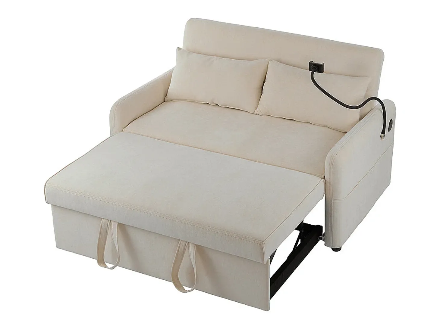 Sofá-cama dobrável moderno com dois lugares, encosto ajustável, suporte para telemóvel, porta de carregamento USB,Bege