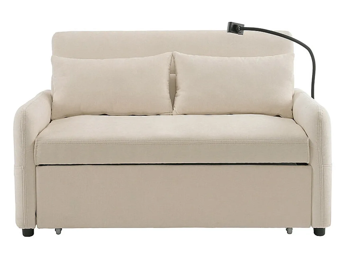 Sofá-cama dobrável moderno com dois lugares, encosto ajustável, suporte para telemóvel, porta de carregamento USB,Bege