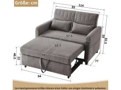 Sofá-cama duplo 114 x 77 x 82.5 cm - encosto 3 níveis ajustável - tecido algodão-linho - cinza