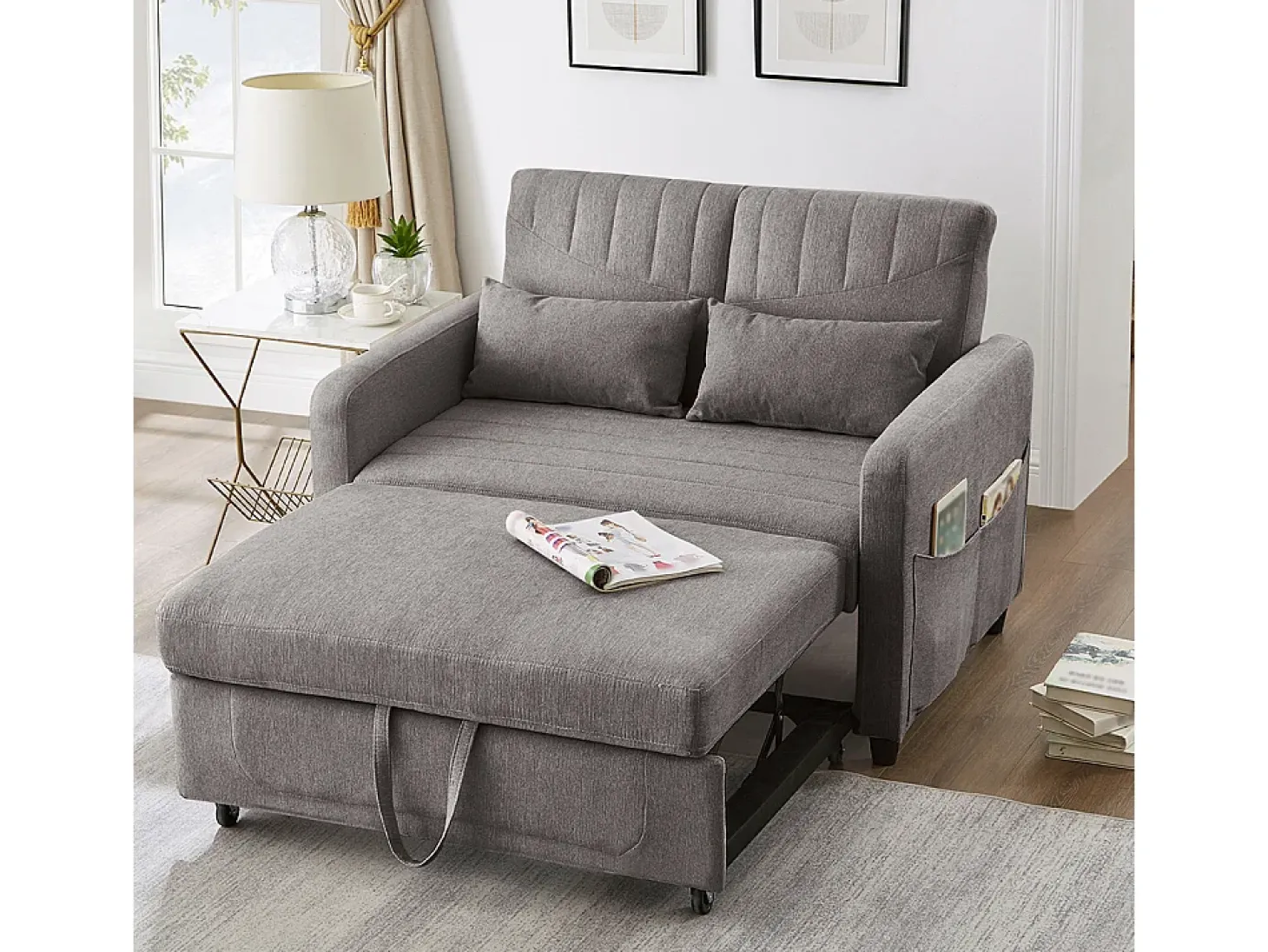 Sofá-cama duplo dobrável, design dobrável, encosto ajustável, tecido de algodão e linho, cinzento