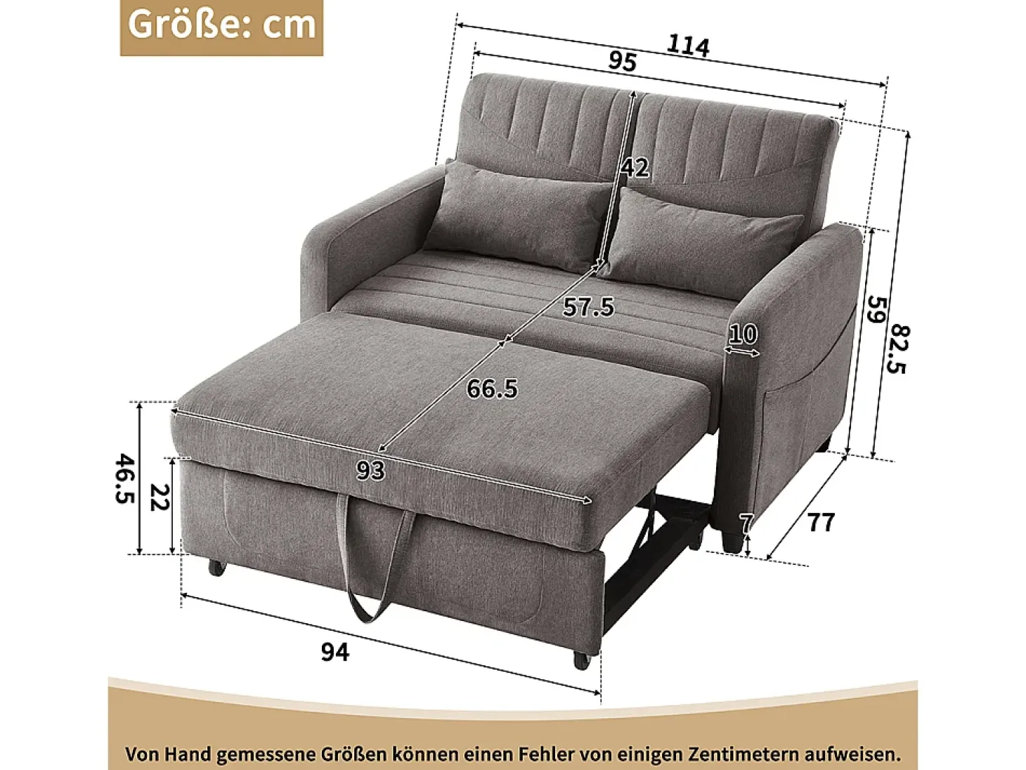 Sofá-cama duplo dobrável, design dobrável, encosto ajustável, tecido de algodão e linho, cinzento