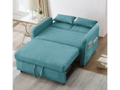 Sofá-cama duplo rebatível, design rebatível, encosto regulável, tecido de algodão e linho, verde-azul