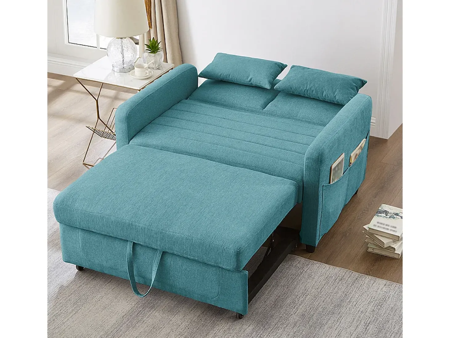 Sofá-cama duplo rebatível, design rebatível, encosto regulável, tecido de algodão e linho, verde-azul
