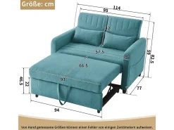 Sofá-cama duplo rebatível, design rebatível, encosto regulável, tecido de algodão e linho, verde-azul