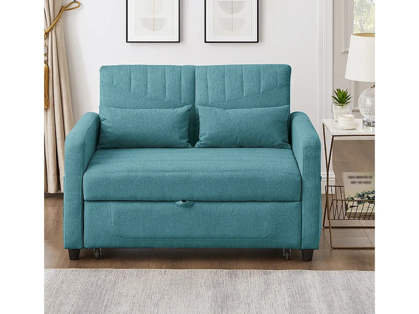 Sofá-cama duplo rebatível, design rebatível, encosto regulável, tecido de algodão e linho, verde-azul