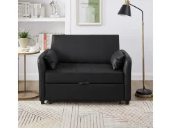 Sofá-cama duplo rebatível, encosto regulável, material PU resistente à água, preto