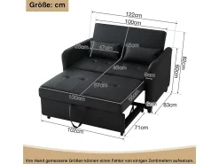 Sofá-cama duplo rebatível, encosto regulável, material PU resistente à água, preto