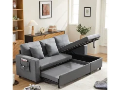 Sofá-cama em formato de L com espaço de armazenamento e chaise longue intercambiável.