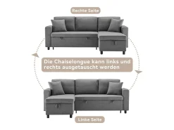 Sofá-cama em formato de L com espaço de armazenamento e chaise longue intercambiável.