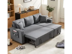 Sofá-cama em formato de L com espaço de armazenamento e chaise longue intercambiável.