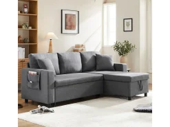 Sofá-cama em formato de L com espaço de armazenamento e chaise longue intercambiável.