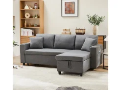 Sofá-cama em formato de L com espaço de armazenamento e chaise longue intercambiável.