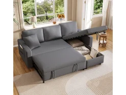 Sofá-cama em formato de L com espaço de armazenamento e chaise longue intercambiável.