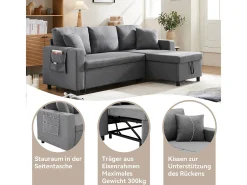 Sofá-cama em formato de L com espaço de armazenamento e chaise longue intercambiável.