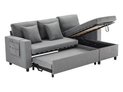 Sofá-cama em L de 3 lugares com função de cama - Chaise longue com arrumação - Linho cinza escuro