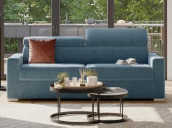 Sofá-cama em tecido azul com assento com assento de memória de forma 140 colchão memória de forma 16cm VIZIR