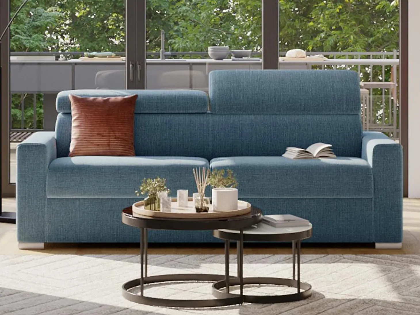 Sofá-cama em tecido azul com assento com assento de memória de forma 140 colchão memória de forma 16cm VIZIR