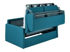 Sofá-cama em tecido azul turquesa assento memória de forma 140 cm ripas largas 18 cm CALIFE
