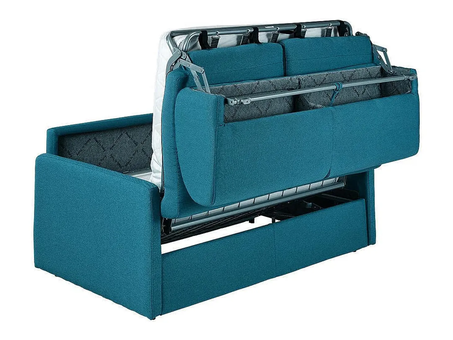 Sofá-cama em tecido azul turquesa assento memória de forma 140 cm ripas largas 18 cm CALIFE