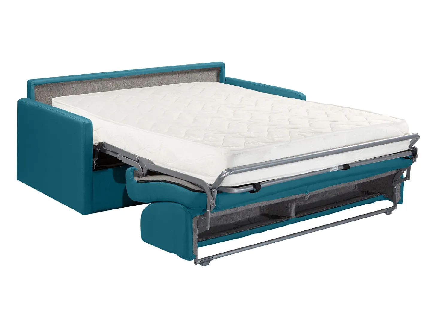 Sofá-cama em tecido azul turquesa assento memória de forma 140 cm ripas largas 18 cm CALIFE