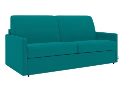 Sofá-cama em tecido azul turquesa assento memória de forma 140 cm ripas largas 18 cm CALIFE