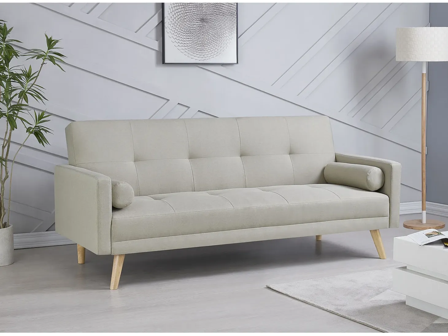 Sofá-Cama Escandinavo de 3 Lugares em Tecido Bege WOODEN