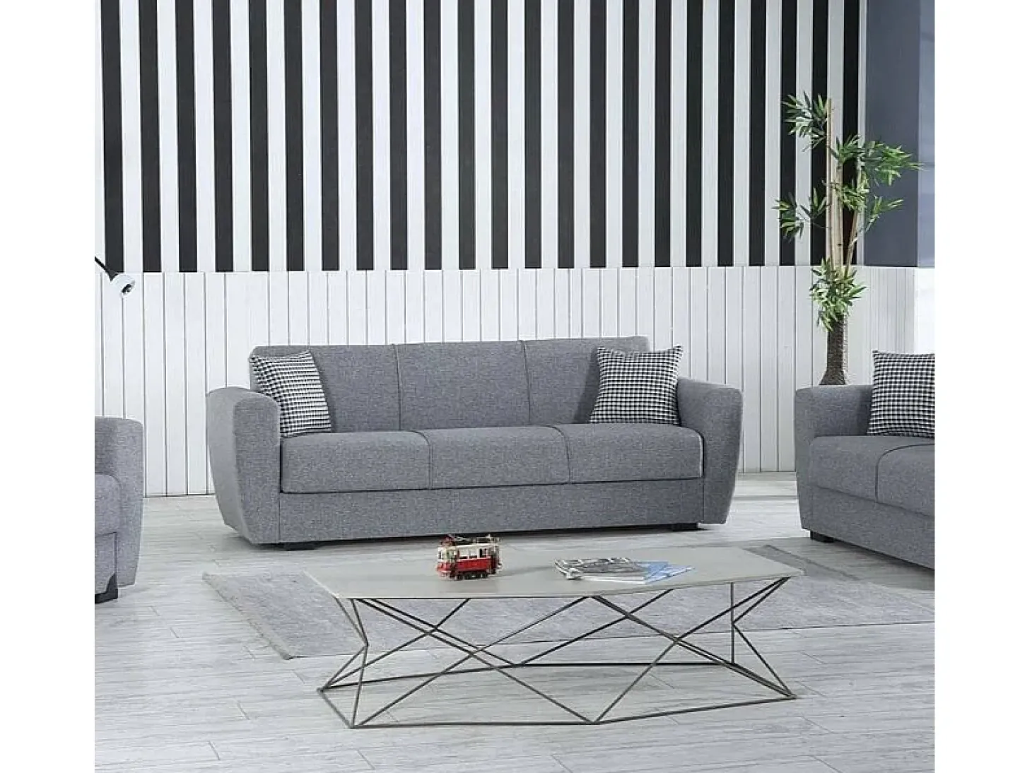 Sofá-cama Escobar, sofá-cama contêiner linear de 3 lugares, Sofá da sala em tecido acolchoado com abertura click-clack, 223x84xh80 cm, Cinza