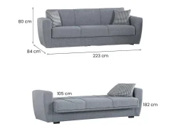 Sofá-cama Escobar, sofá-cama contêiner linear de 3 lugares, Sofá da sala em tecido acolchoado com abertura click-clack, 223x84xh80 cm, Cinza