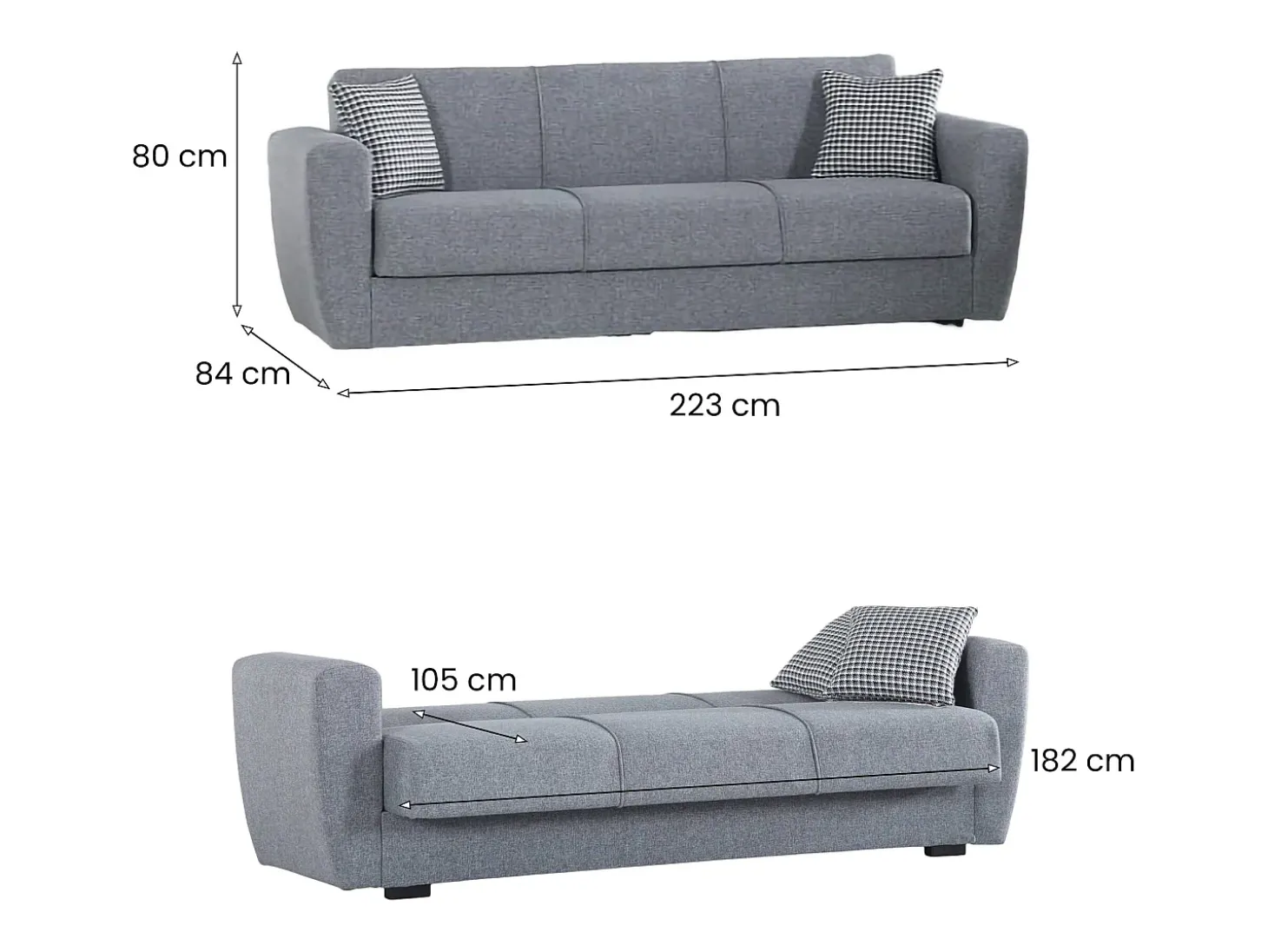 Sofá-cama Escobar, sofá-cama contêiner linear de 3 lugares, Sofá da sala em tecido acolchoado com abertura click-clack, 223x84xh80 cm, Cinza