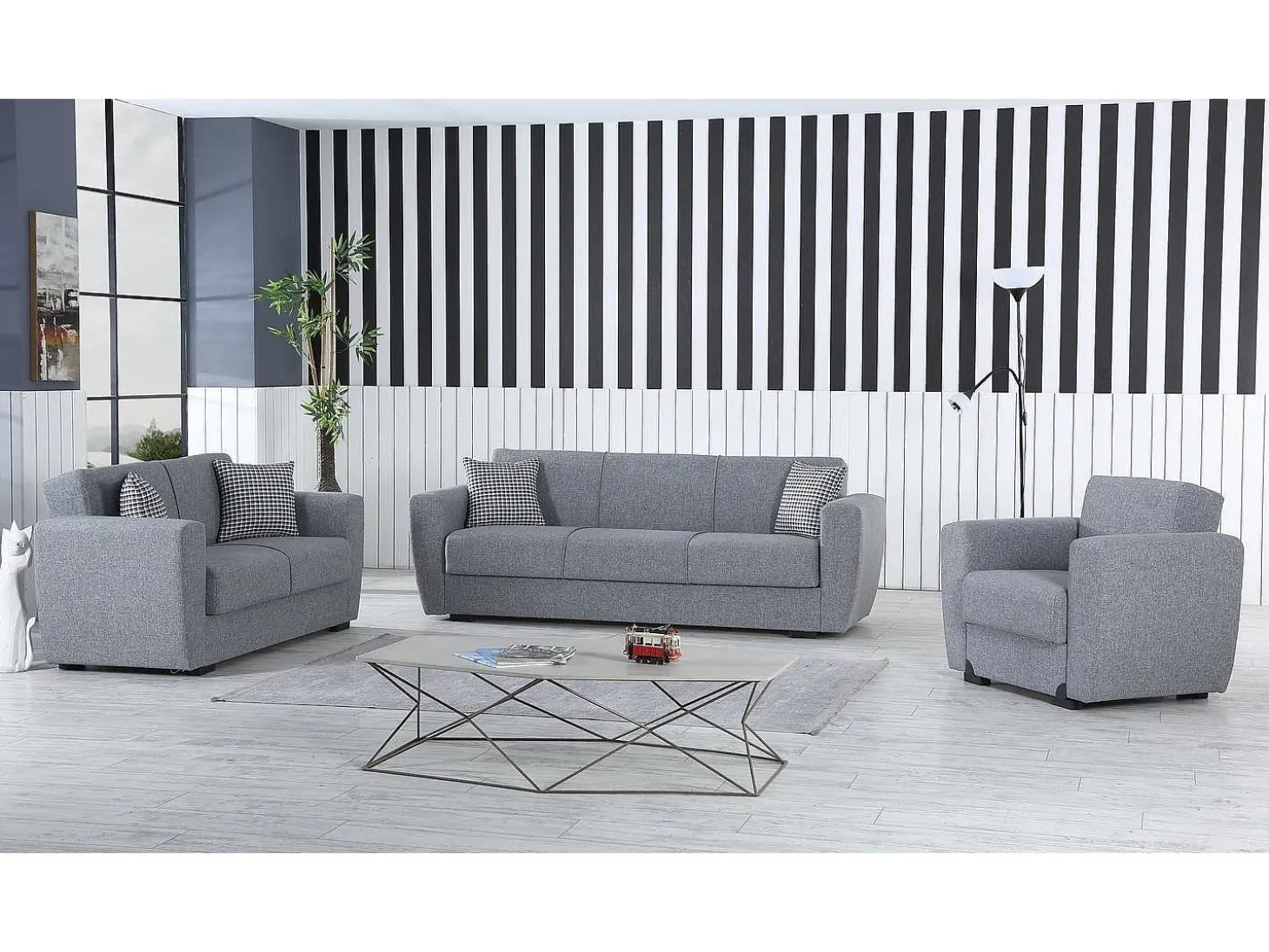 Sofá-cama Escobar, sofá-cama contêiner linear de 3 lugares, Sofá da sala em tecido acolchoado com abertura click-clack, 223x84xh80 cm, Cinza