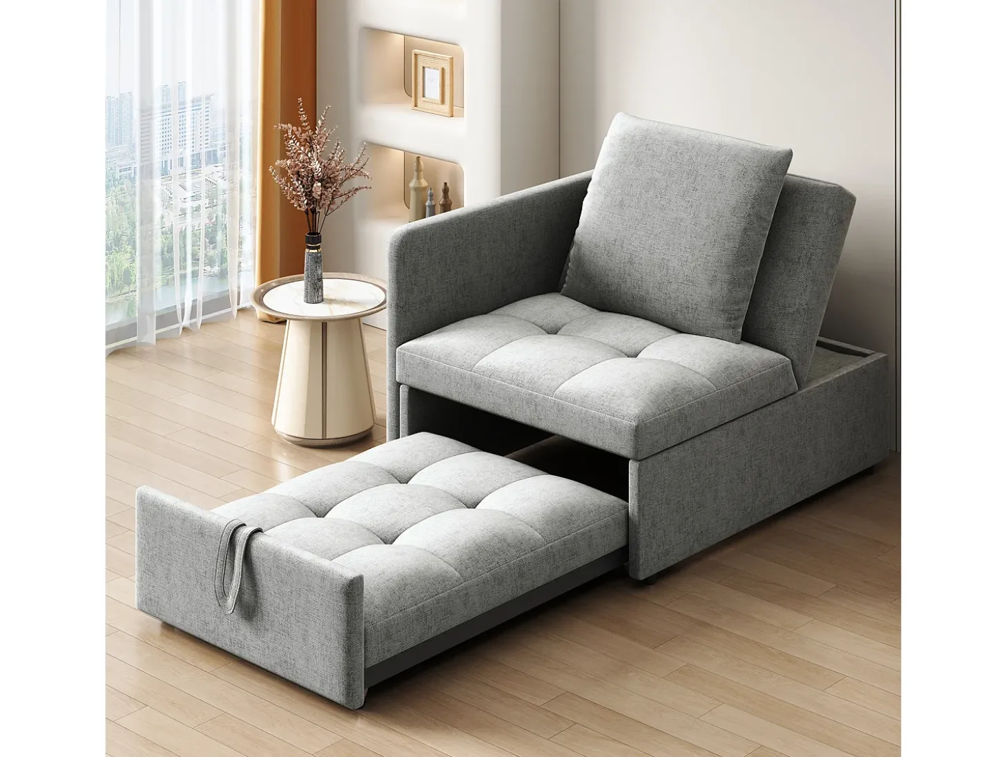 Sofá-cama estofado 177x68x65 cm - Sofá-cama multifuncional 3 em 1 - Linho - Encosto ajustável - Cinza claro