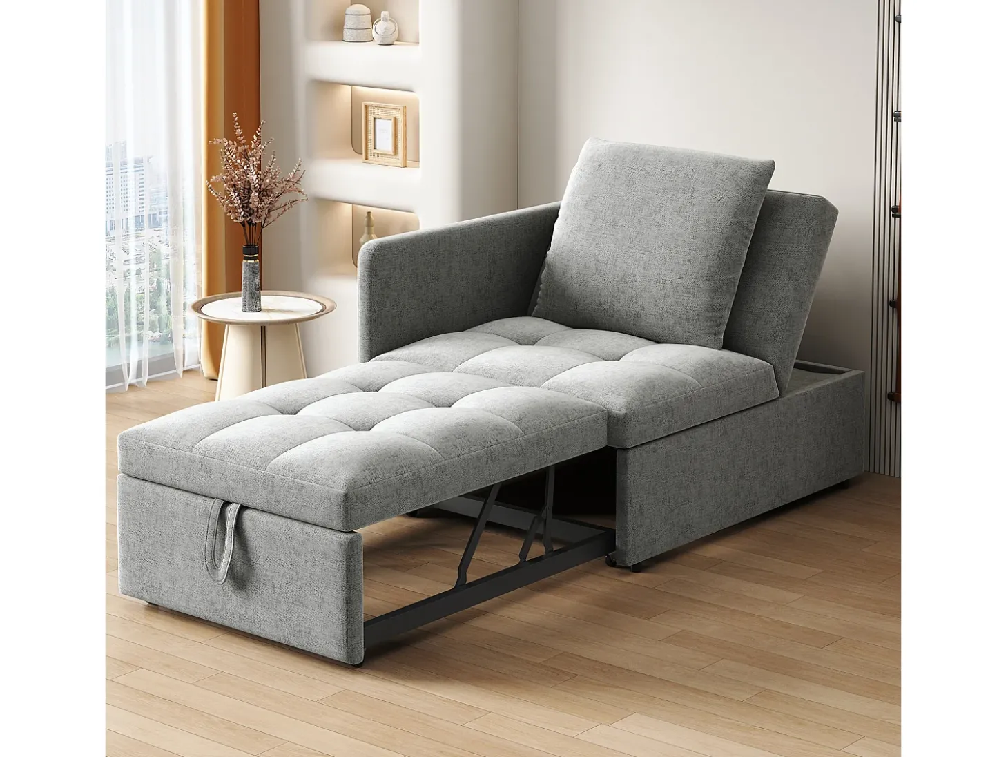 Sofá-cama estofado 177x68x65 cm - Sofá-cama multifuncional 3 em 1 - Linho - Encosto ajustável - Cinza claro