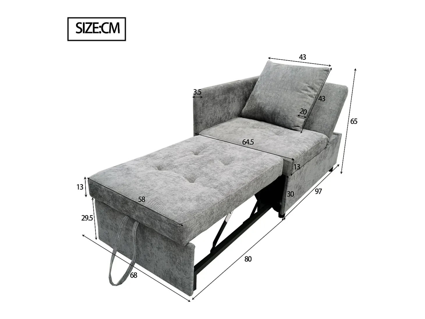 Sofá-cama estofado 177x68x65 cm - Sofá-cama multifuncional 3 em 1 - Linho - Encosto ajustável - Cinza claro