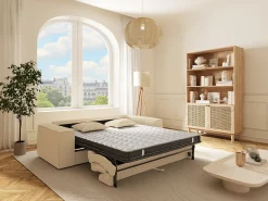 Sofá-cama express AMELIA de 4 lugares em veludo cotelê bege, 160 cm, colchão de espuma viscoelástica de 13 cm.