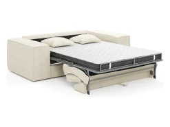 Sofá-cama express AMELIA de 4 lugares em veludo cotelê bege, 160 cm, colchão de espuma viscoelástica de 13 cm.