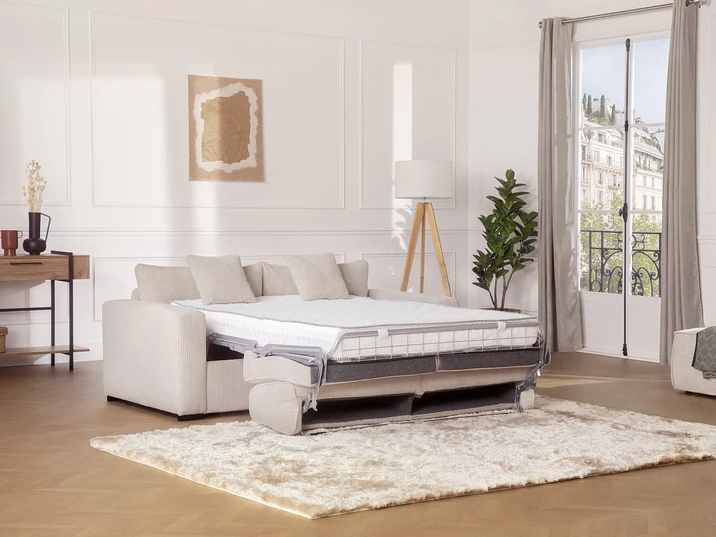 Sofá-cama Express em veludo cotelê bege, área para dormir de 130 cm, colchão de 16 cm, MONDOVI