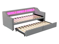 Sofá-cama extensível 90/180 x 200 cm, com luz LED e porta USB, estrado de ripas, cinza claro.