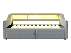 Sofá-cama extensível 90/180 x 200 cm, com luz LED e porta USB, estrado de ripas, cinza claro.
